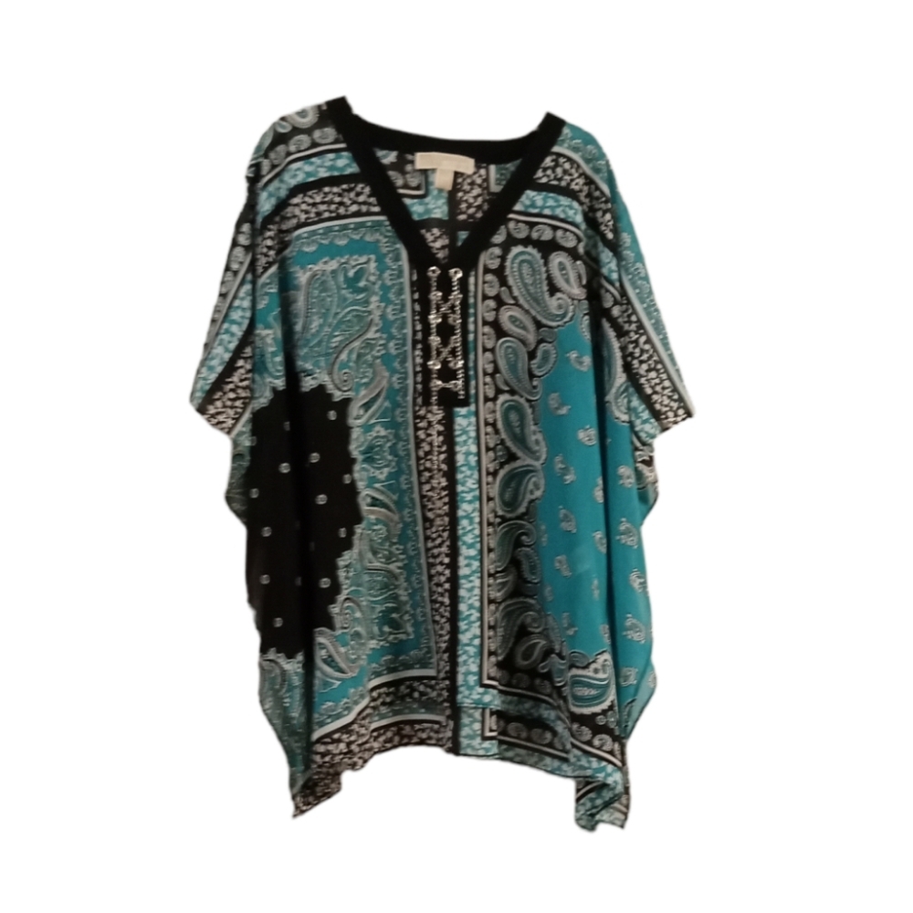 Michael Kors Paisley Bandana Print Kaftan Poncho Top Lace Up Teal Black Size S/M